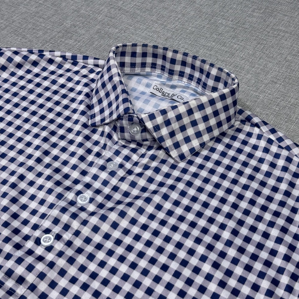 Collars & Co. Dress Shirt Men M Blue Gingham Point Collar Short Sleeve Polyester